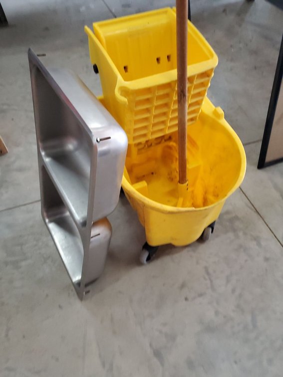 Lot 181: Rubbermaid Mop Bucket Wringer with Mop & Stainless Double Utility Sink