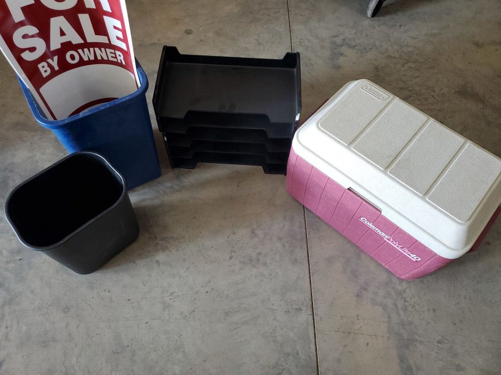 Lot 184: Coleman Poly Lite 24 Cooler & Assorted Plastic Office Household Lot