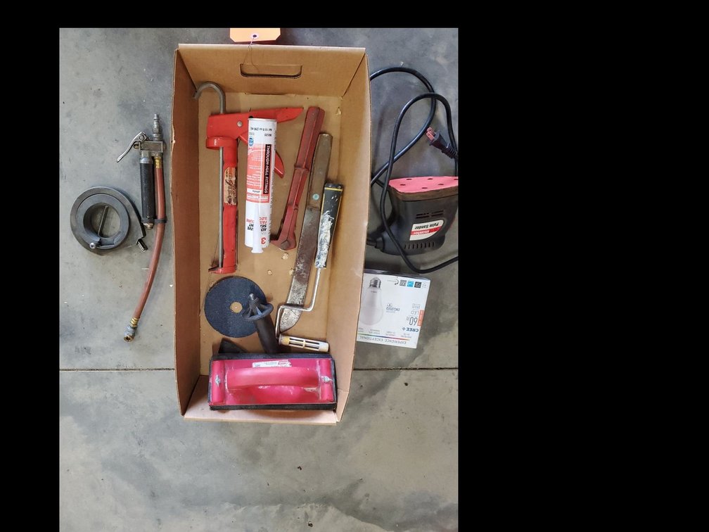 Lot 108: Box Lot of Assorted Hand Tools Paint Sanding Tools & Supplies