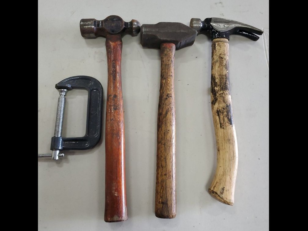 Lot 139: Assorted Hammers & 3in C-Clamp Hand Tool Lot Used Wood Handles