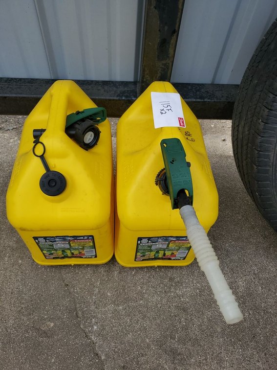 Lot 115F: Pair of Enviro-Flo 5 Gallon Yellow Fuel Gas Cans w/ Spout Caps