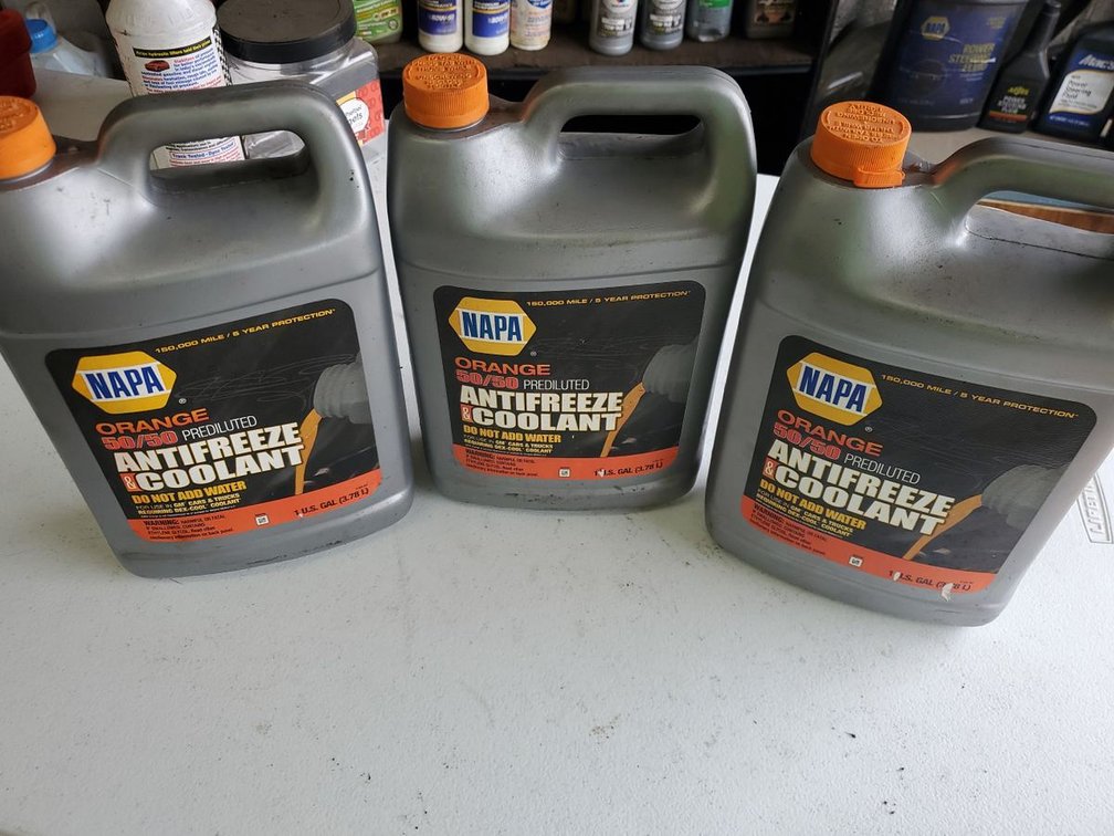 Lot 147: NAPA Orange 50/50 Antifreeze Coolant Gallon Jugs Mixed Fill Levels