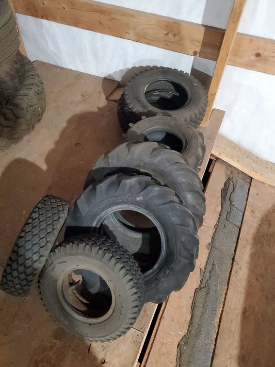Lot 157L: Lot of Assorted Lawn Tractor Garden Tires Mixed Tread Sizes Used