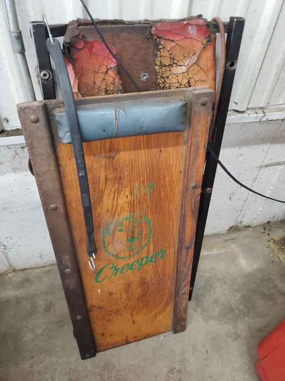 Lot 193: Vintage Wooden Mechanic's Creeper Rolling Garage Board w/ Lion Logo