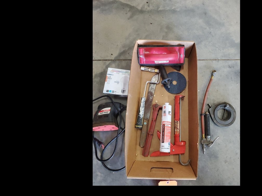 Lot 108: Box Lot of Assorted Hand Tools Paint Sanding Tools & Supplies