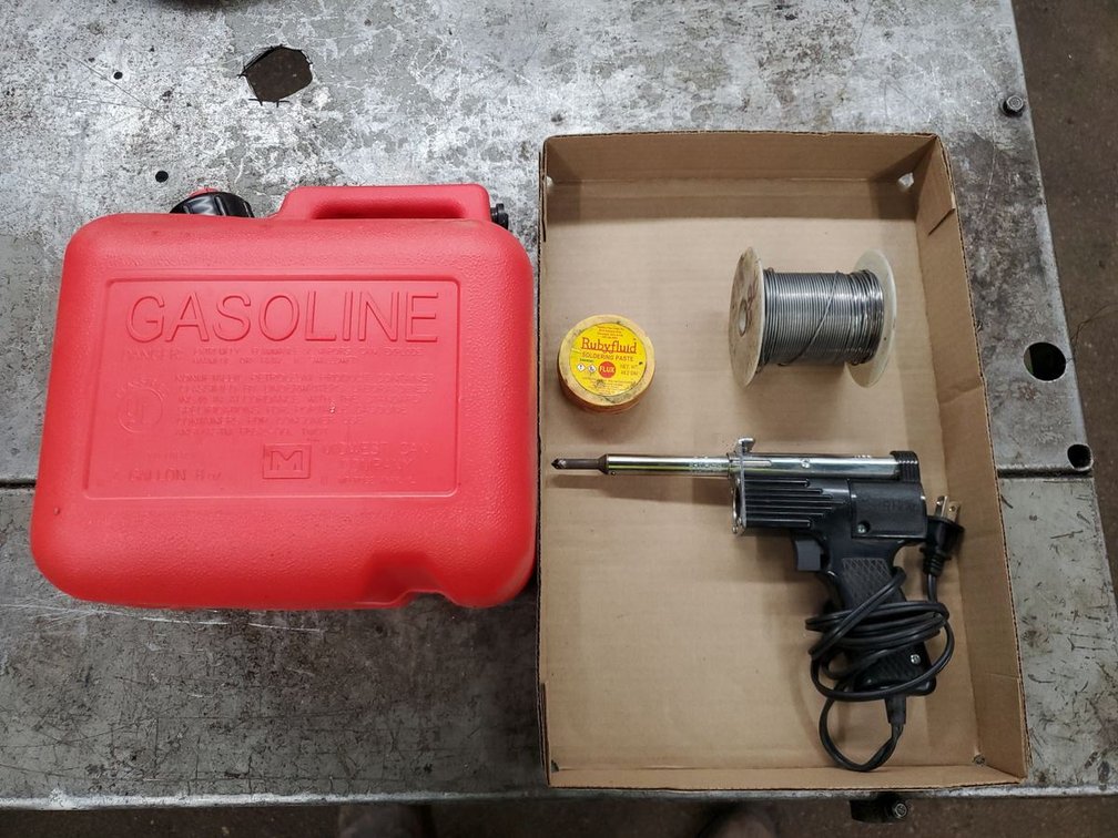 Lot 58A: Midwest 2 Gallon Gas Can & Soldering Supply Lot Gun Solder Flux