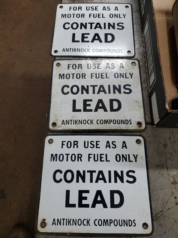 Lot 203: Set of 3 Vintage Contains Lead Porcelain Gas Pump Plates Signs