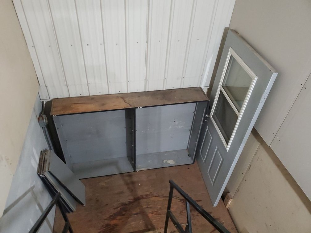 Lot 204L: Gray Exterior Half-Lite Entry Door With Wall Shelving, Buyer Removes