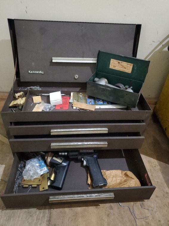 Lot 205L: Kennedy Machinist Tool Box with Air Tools & Pipe Beveling Tool Lot