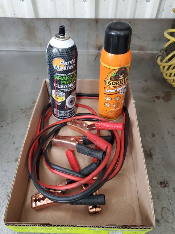 Lot 96: Lot of Assorted Jumper Cables, Brake Cleaner & Gorilla Adhesive