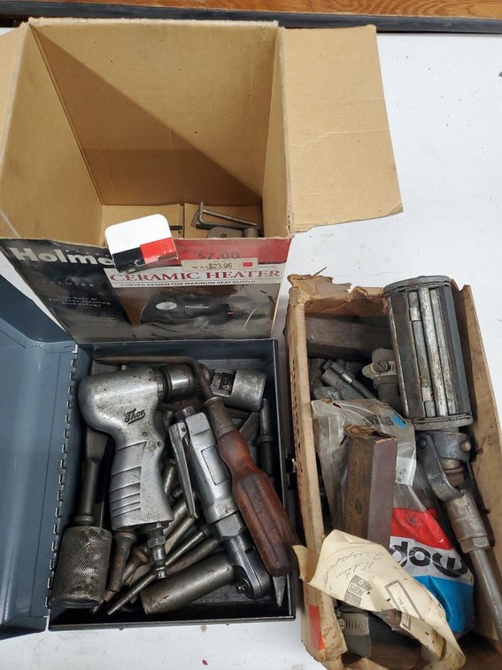 Lot 224: Lot of Assorted Air Tools, Cylinder Hone, Chisels & Hardware