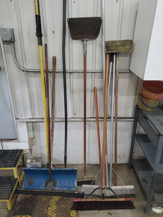 Lot 265: Lot of Assorted Shop Brooms Squeegees Snow Pusher & Shovel
