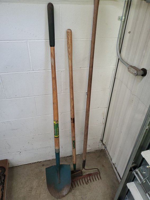 Lot 263: Assorted Long Handle Garden Tools Shovel Hoe Rake Wood Handles