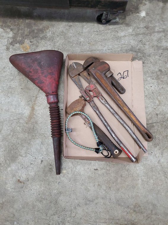 Lot 267: Box Lot of Assorted Hand Tools Garage Shop Funnel Pipe Wrench