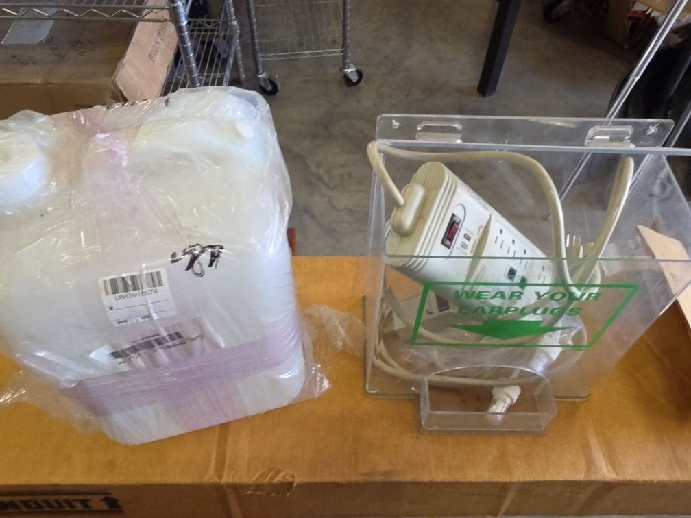 Mixed Surplus Lot Plastic Jugs & Earplug Dispenser w/ Power Strips