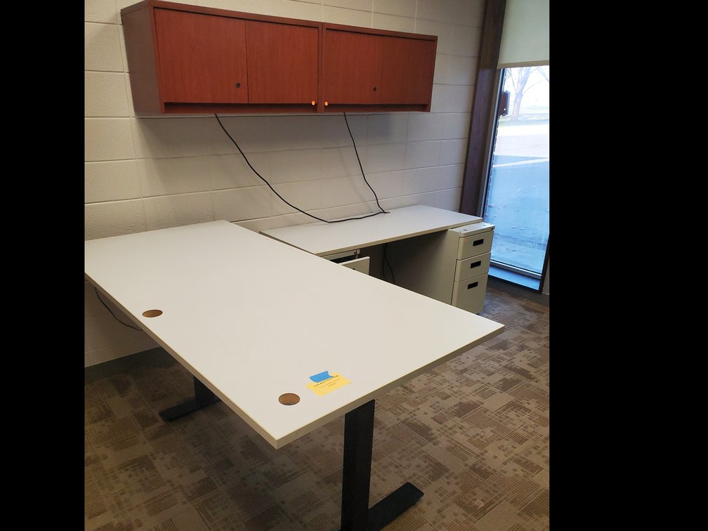 Lot 85: Adjustable Office desk with upper cabinets 