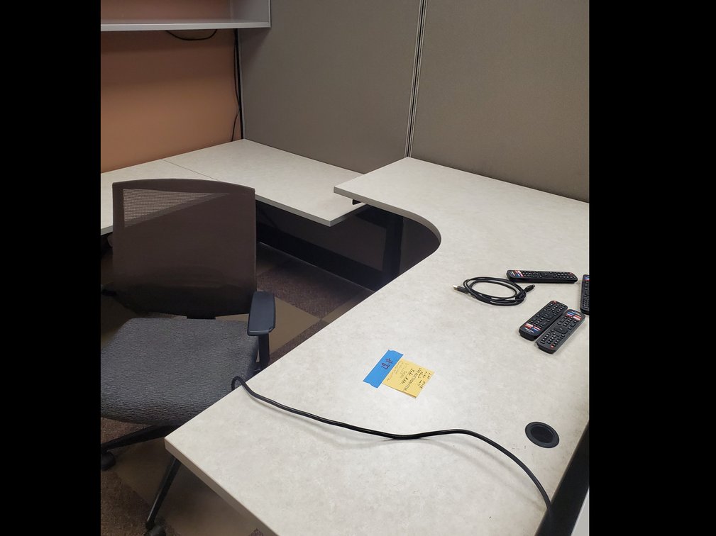 Lot 87: Cubicle with adjustable desk, chair,file cabinet desk and upper storage