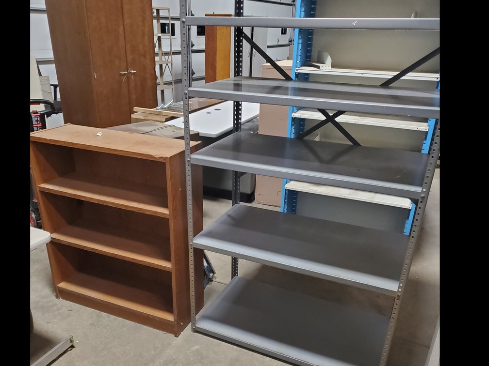 Lot 42: Metal Shelving and Bookshelf
