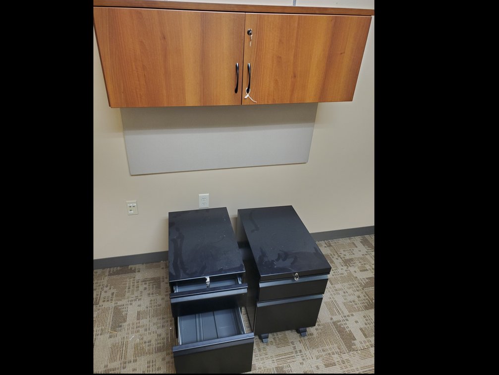 Lot 142: Contents of room, rolling cabinet and upper cabinet 