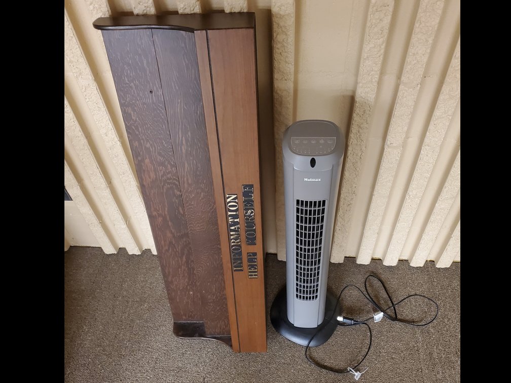 Lot 94: Tower fan and wall storage shelf