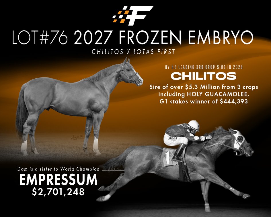 2 Frozen Embryos - (1) Chillitos SI 103, (1) Five Bar Cartel SI 91 x Lotas First SI 90, Lota PYC SI 102 - $44,954, PE $15,274
