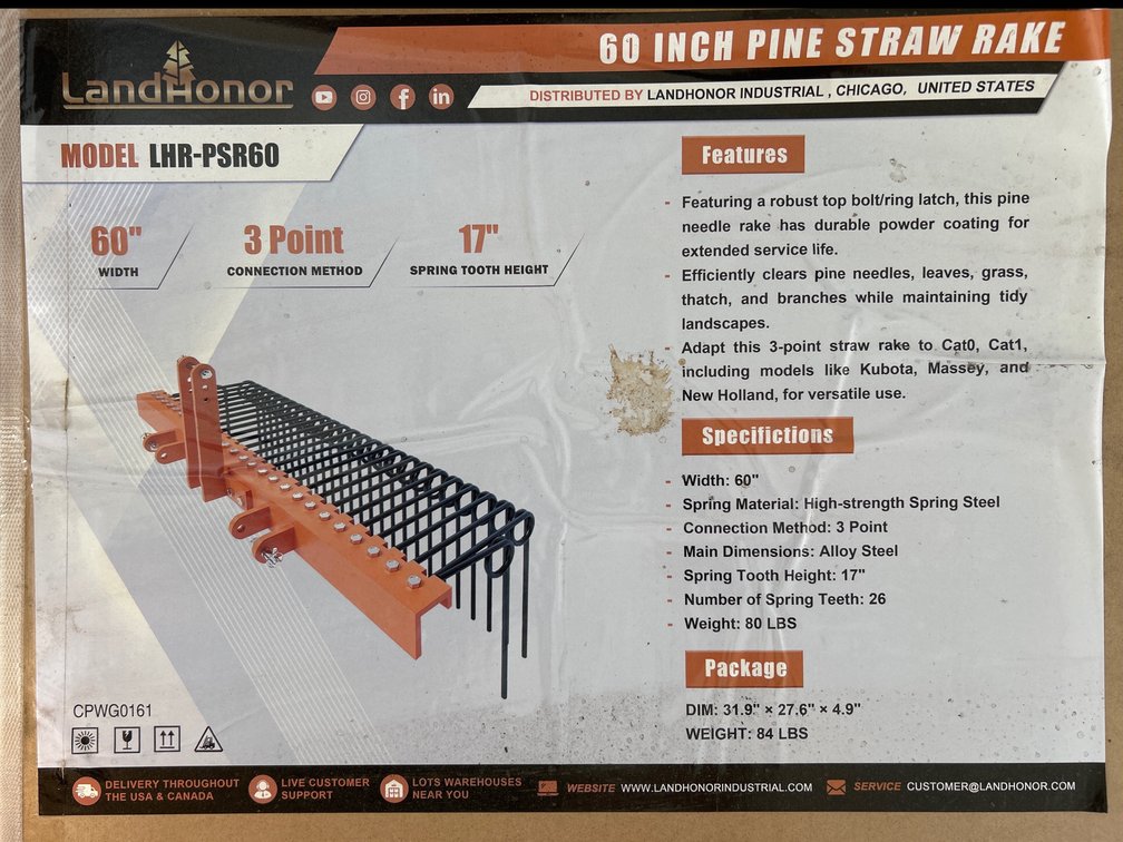 60” 3 Point Pine Straw Rake