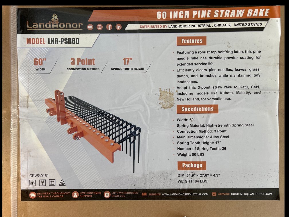 60” 3 Point Pine Straw Rake