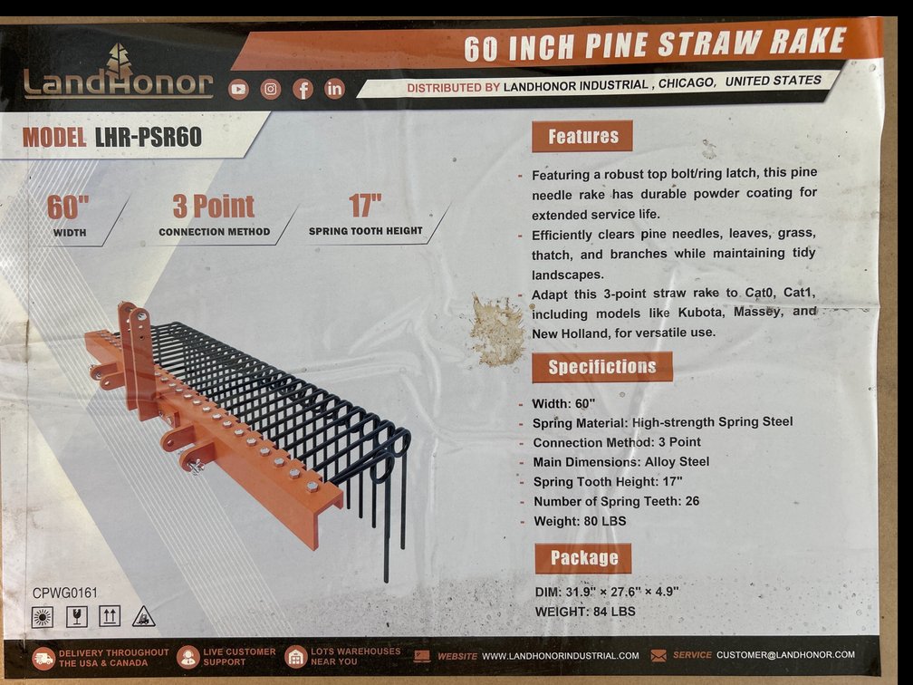 60” 3 Point Pine Straw Rake