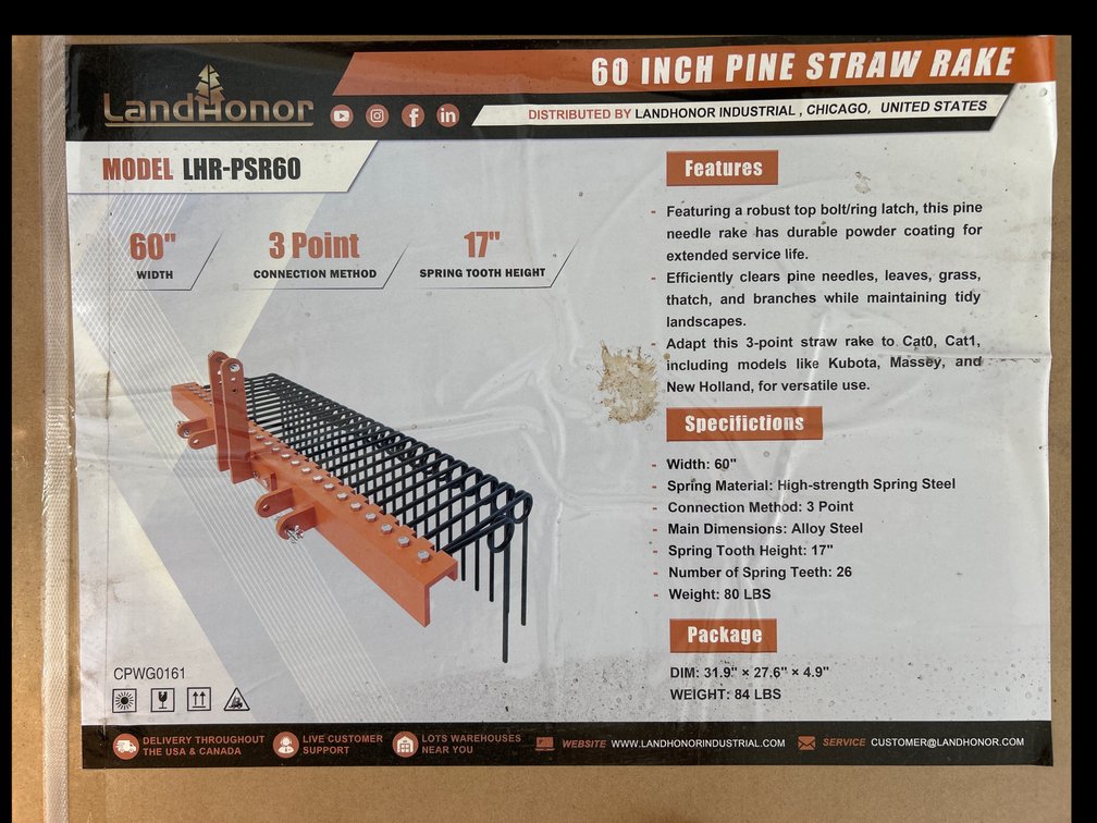 60” 3 Point Pine Straw Rake