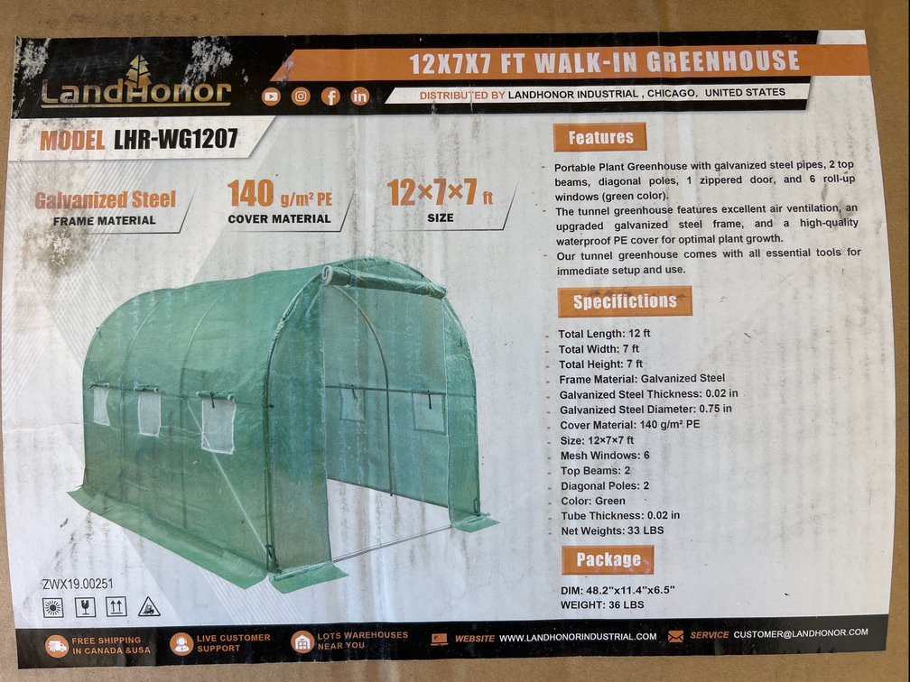 12’x7’x7’ Walk In Greenhouse