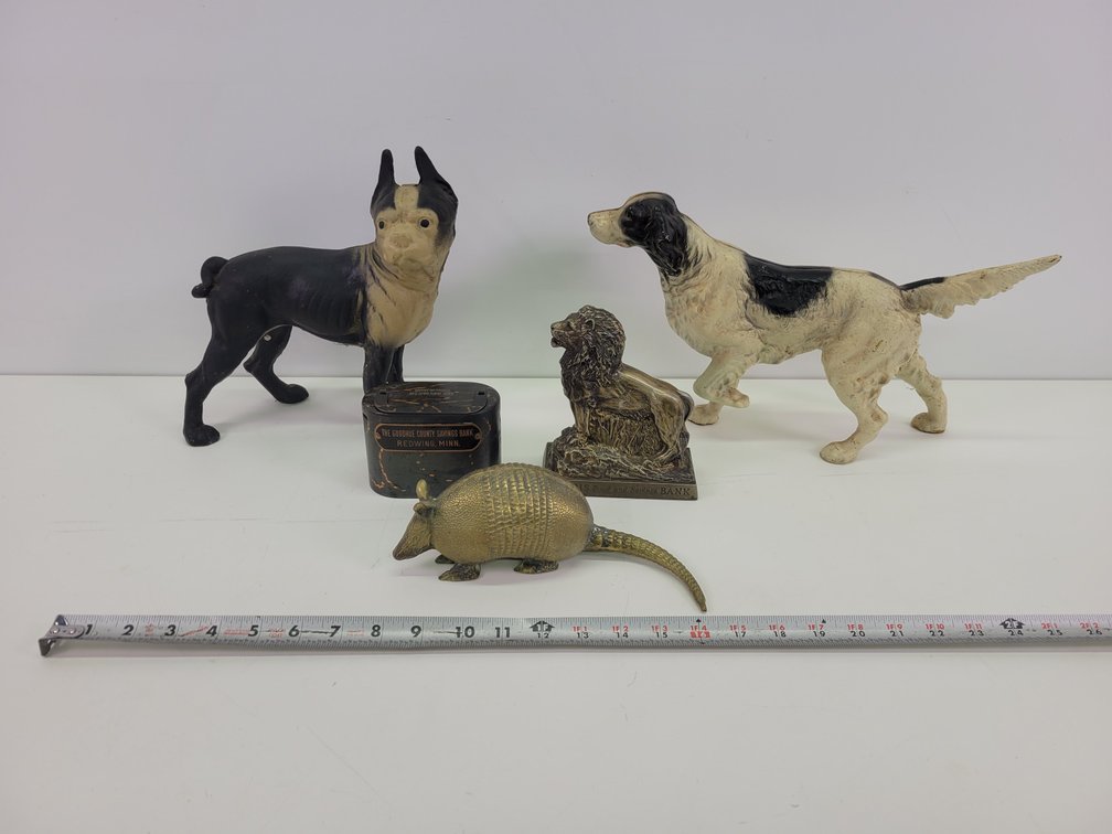 Cast Iron Dog Statues, Brass Armadillo, and Antique Banks