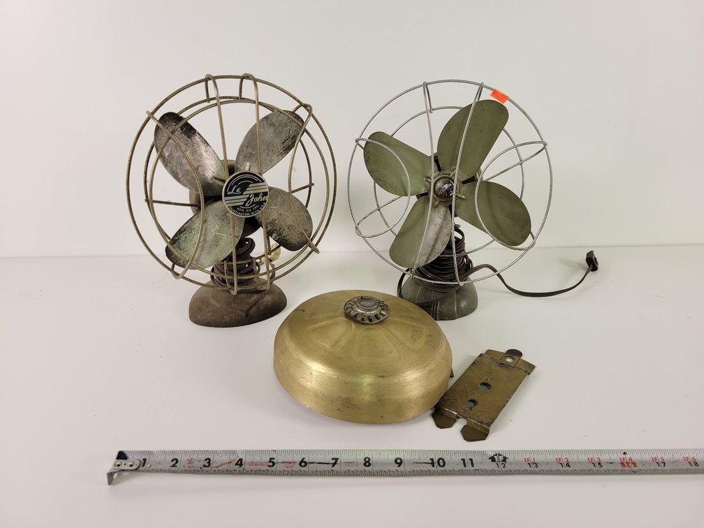 (2) Vintage 8" Fans and VULCAN Alarm Bell