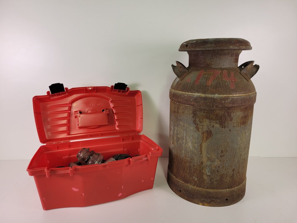 Steel Milk Can and Toolbox of Glass Insulators