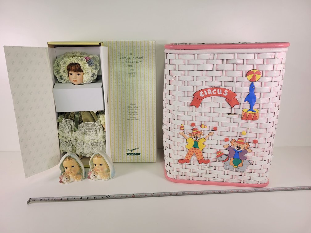 Children's Wicker Hamper, Porcelain Doll and More