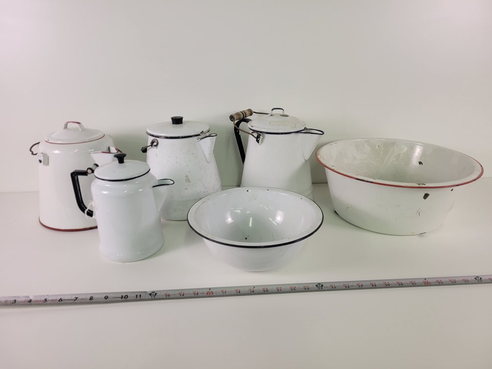 Vintage Enamel Ware Coffee Pots and wash Basins