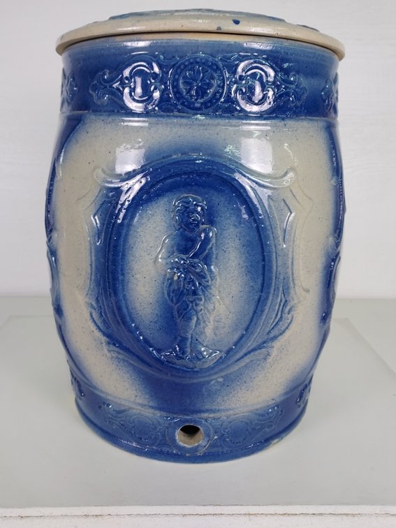 4 Gallon Blue Stoneware Cupid Water Cooler with Lid
