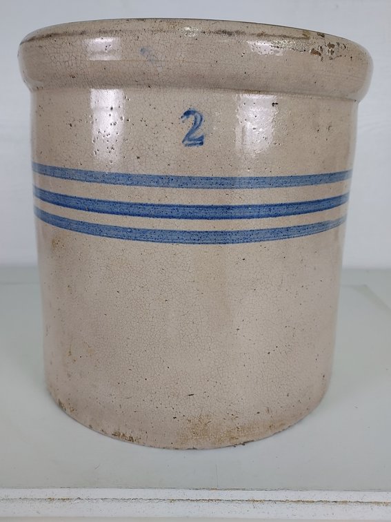 2 Gallon Antique Crock with Blue Bands