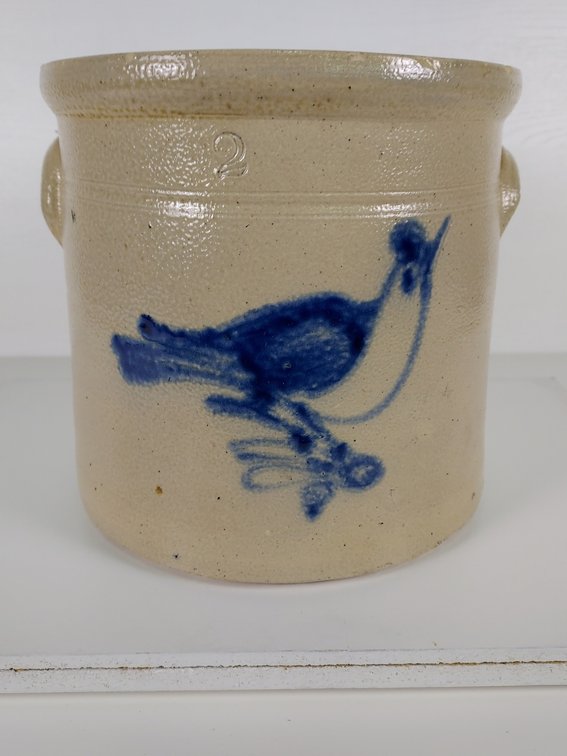 2 Gallon Salt Glazed Crock with Cobalt Bird Imprint and Brown Interior
