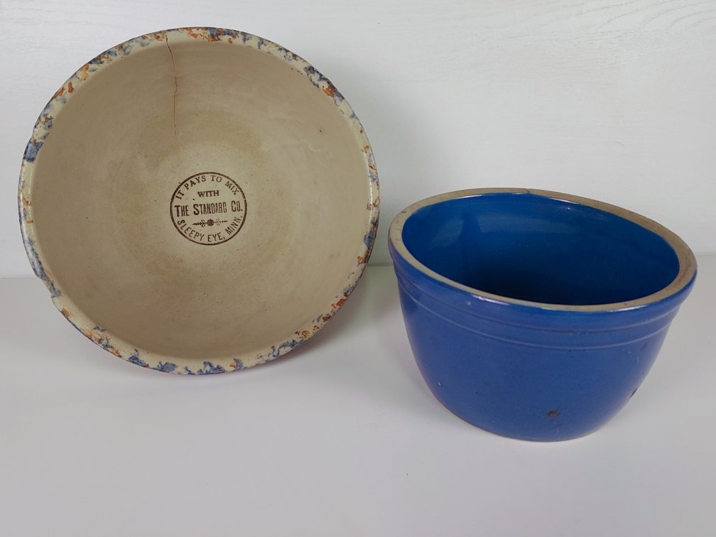 9" Red Wing Spongeware Advertising Panel Bowl - Sleepy Eye, MN and 7" Stoneware Mixing Bowl