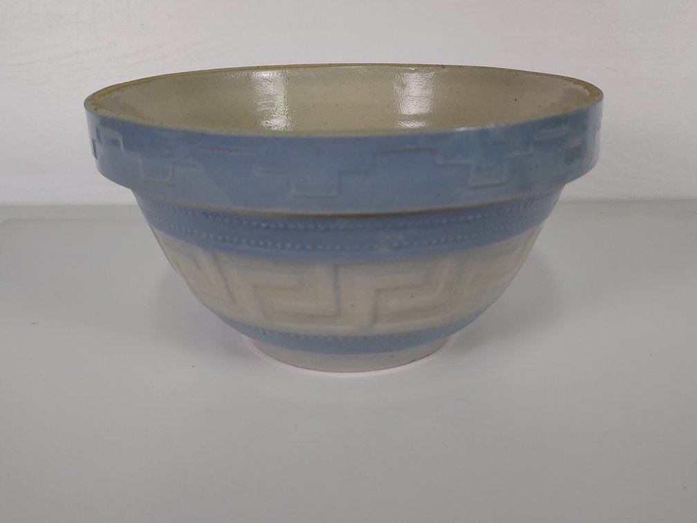 8" Greek Key Stoneware Advertising Bowl - New Richland, Minn