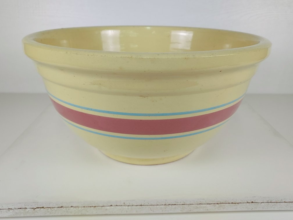 14" Watt Oven-Ware Yellowware Bowl with Pink and Blue Bands