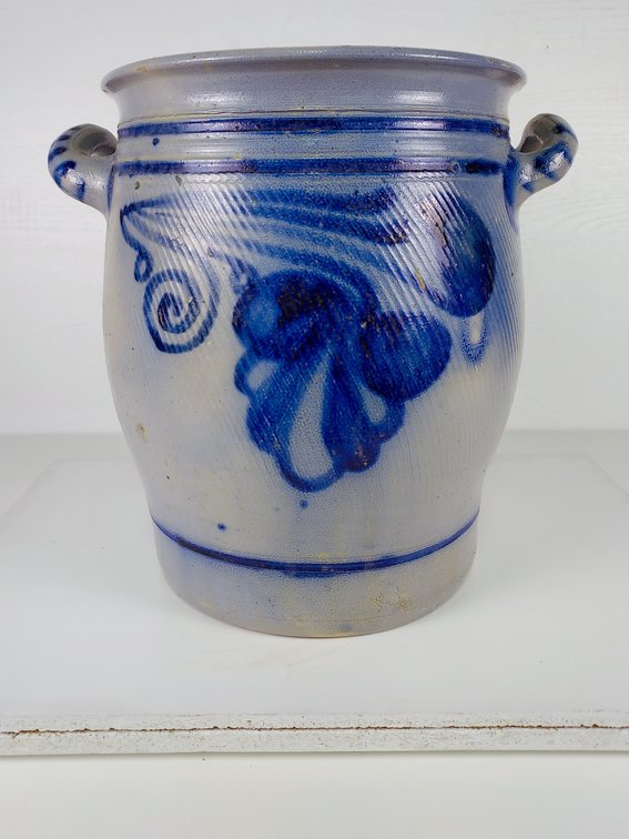 2 Gallon Two-Handled Salt Glaze Jar with Cobalt Floral Motif
