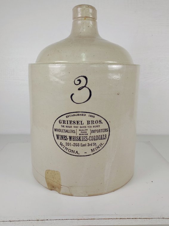 3 Gallon Red Wing Griesel Bros. Shoulder Jug with Black Imprint - Winona, Minn