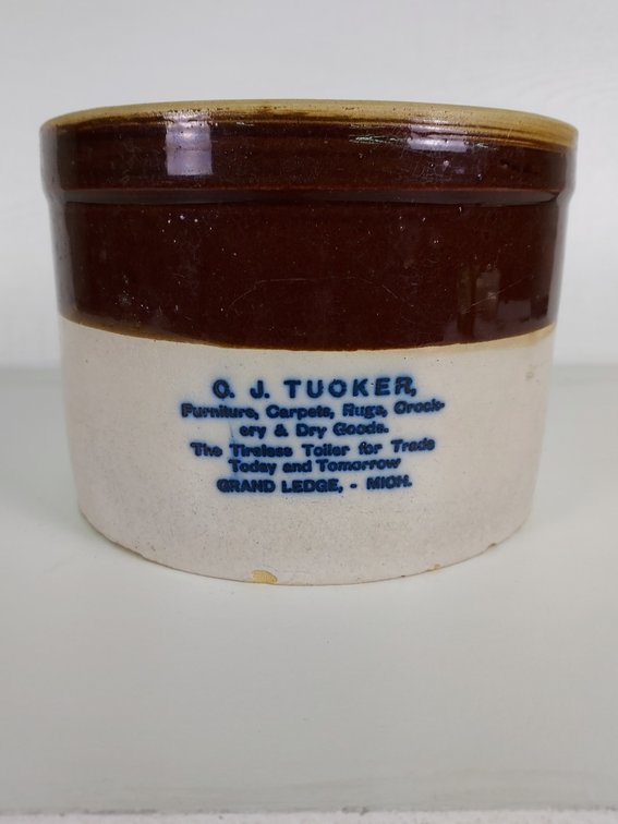 Two-Tone Advertising Butter Crock - C.J. Tucker - Grand Ledge, Mich.