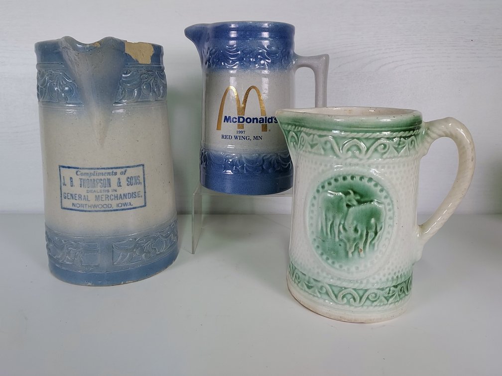 Lot of 3 Stoneware Pitchers - Advertising