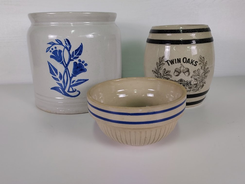 Pair of Stoneware Kitchen Canisters and 5" Red Wing Bowl