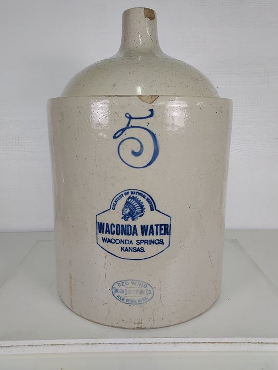 5 Gallon Red Wing Union Stoneware Co Shoulder Jug - Waconda Springs, Kansas