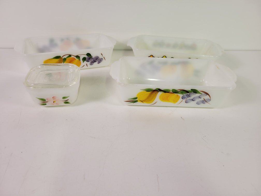 (3) Fire King 1-qt Loaf Pans and Refrigerator Dish