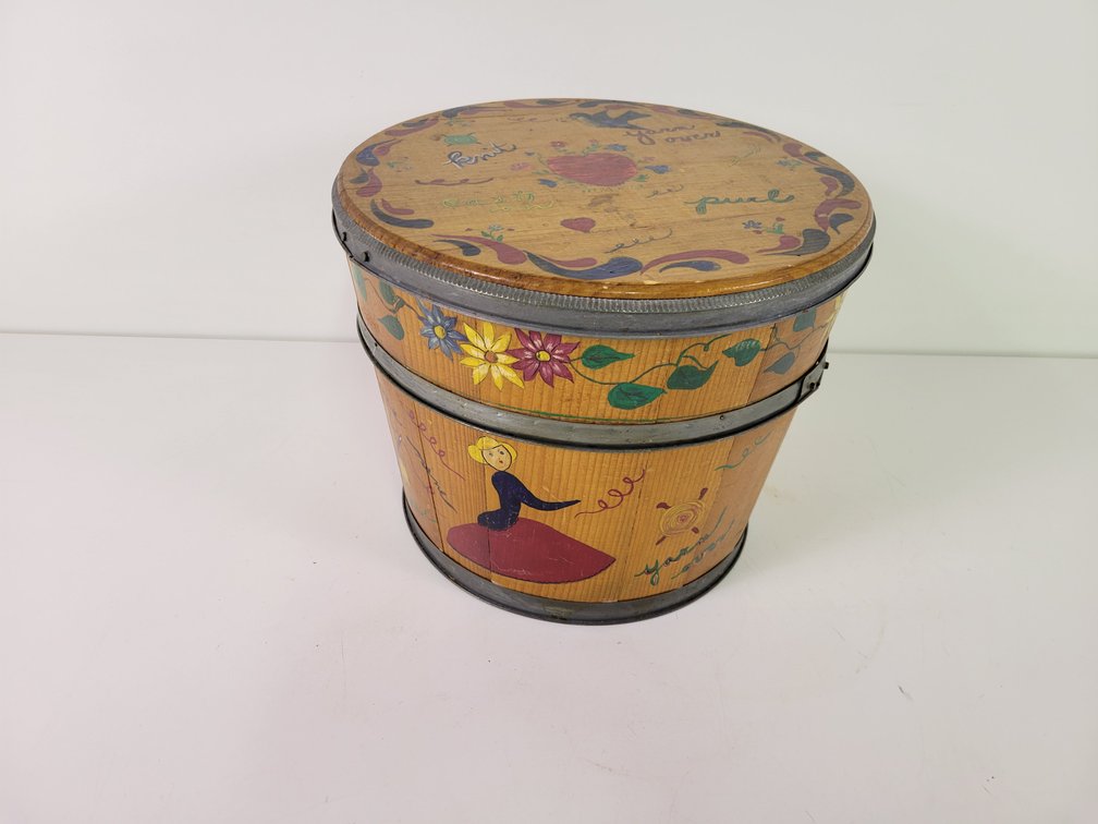 Hand Painted Wood "Firkin" Storage Container w/ Lid