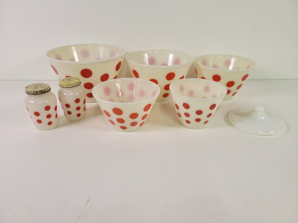 (5) "Red Polka Dot" Fire King Mixing Bowls and More